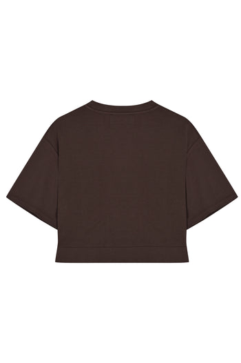 İşleme Detaylı Kahverengi Crop Modal Karışımlı Örme Tişört