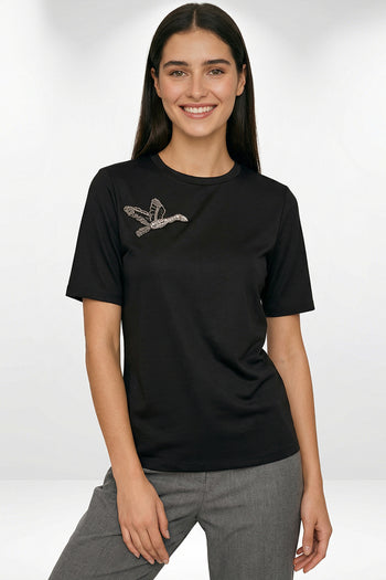 Bisiklet Yaka Kuş İşlemeli Kısa Kollu Örme T-Shirt