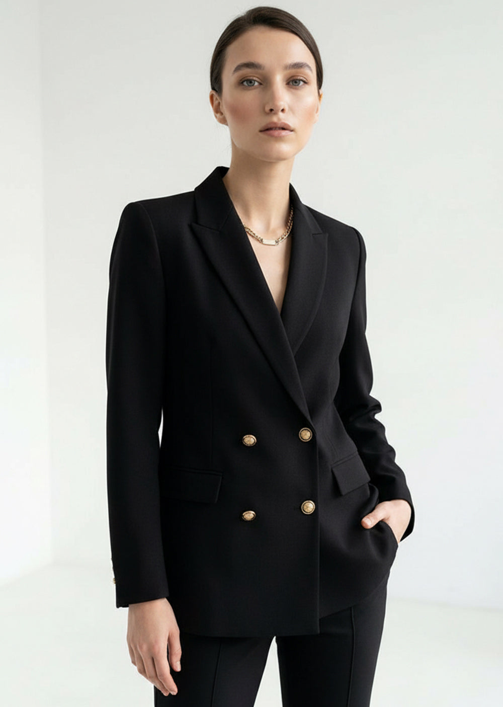 Gold Düğme Detaylı Kruvaze Dokuma Blazer Ceket