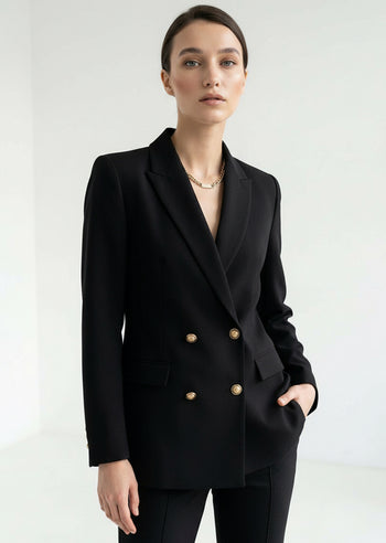 Gold Düğme Detaylı Kruvaze Dokuma Blazer Ceket