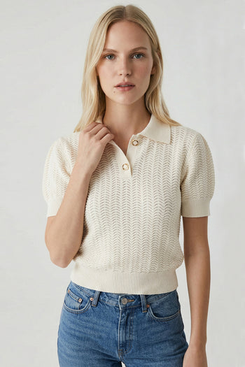 Polo Yaka Ajurlu Kısa Kollu Regular Triko Bej Bluz