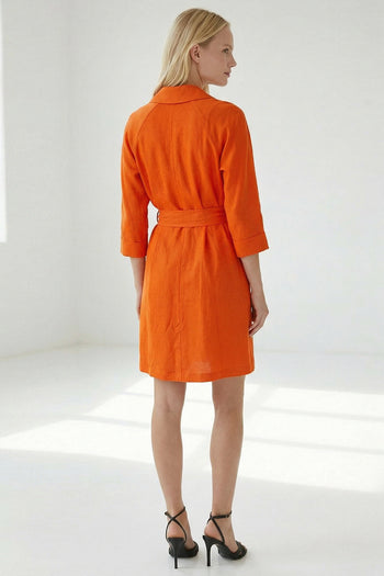 Tek Düğmeli Truvakar Kol Keten Elbise