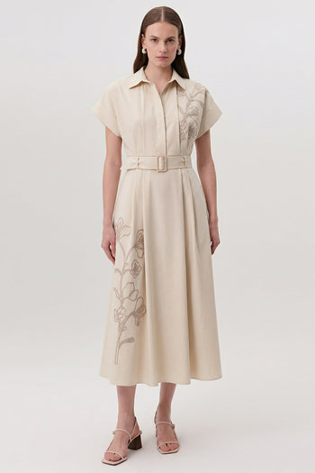 Gömlek Yaka Kısa Kollu Kemerli Cepli Regular Midi Krem Elbise