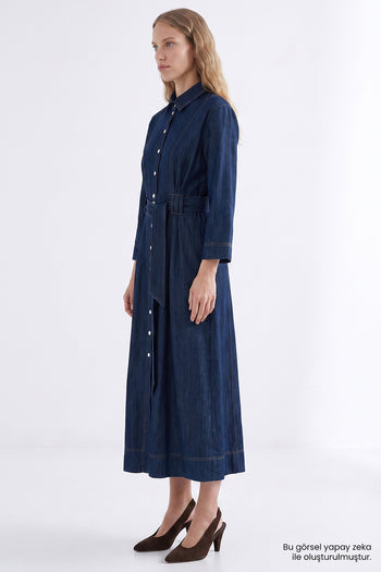 Uzun Kollu Kuşaklı Regular Midi Denim Gömlek İndigo Elbise
