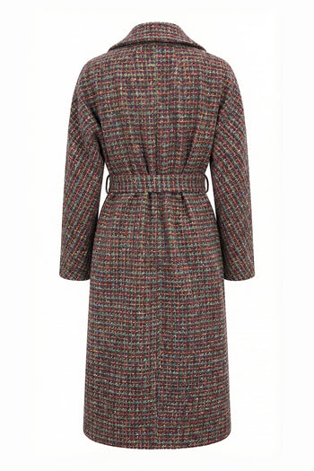 Uzun Kollu Cepli Kuşaklı Midi Regular Dokuma Kaban