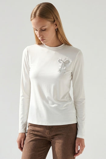 Bisiklet Yaka Uzun Kollu İşlemeli Dokuma Bluz