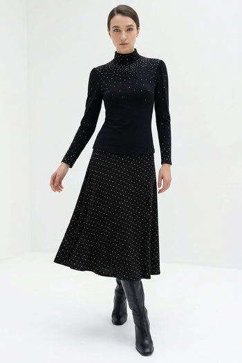 Dik Yaka Taşlı Likralı Slim Fit Siyah Örme Bluz