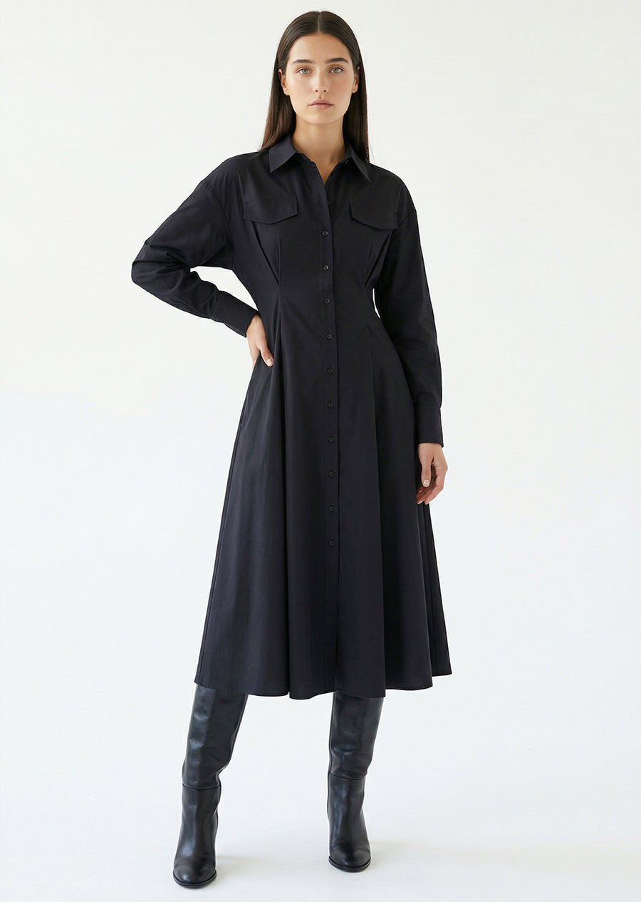 Gömlek Yaka Uzun Kollu Siyah Slim Fit Midi Elbise