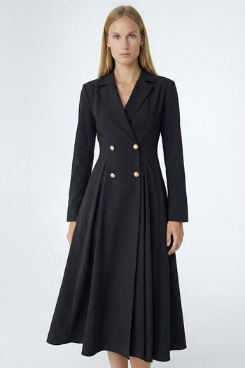 Gold Düğme Detaylı Kruvaze Dokuma Midi Blazer Elbise