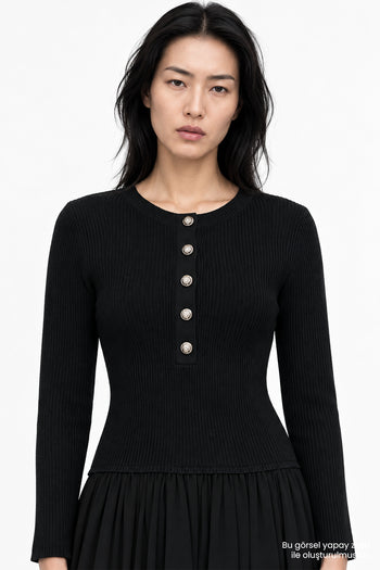 Bele Oturan Triko Garnili Astarlı Slim Fit Siyah Elbise