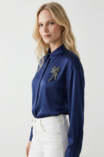 Gömlek Yaka Manşetli İşlemeli Saten Regular Lacivert Gömlek