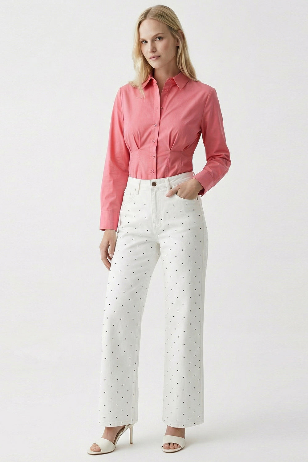 Taşlı Geniş Paça Yüksel Bel Regular Denim Beyaz Pantolon