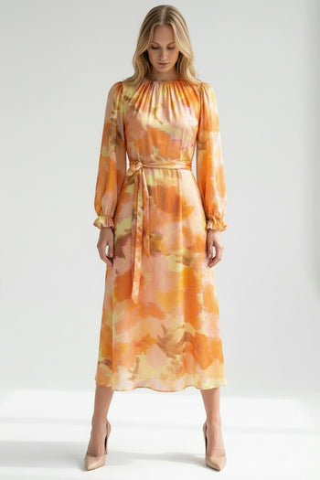 Bisiklet Yaka Uzun Kol Bol Kesim Desenli Elbise