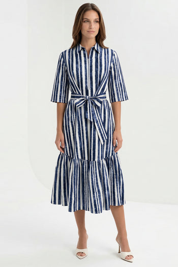 Gömlek Yaka Kısa Kollu Kuşaklı Regular Midi Saks Kemik Elbise