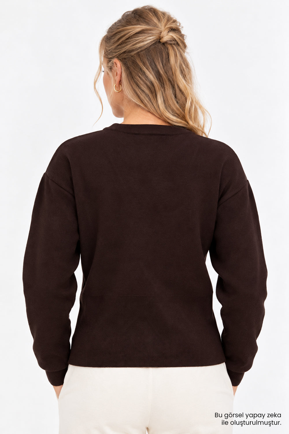 Bisiklet Yaka Uzun Kollu Ribanalı Kahverengi Sweatshirt