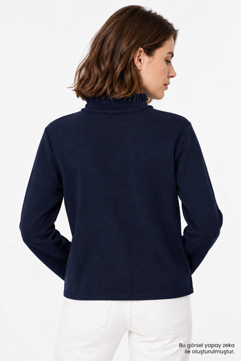 Denim Garnili Çıkarılabilir Yaka Regular Lacivert Triko Hırka