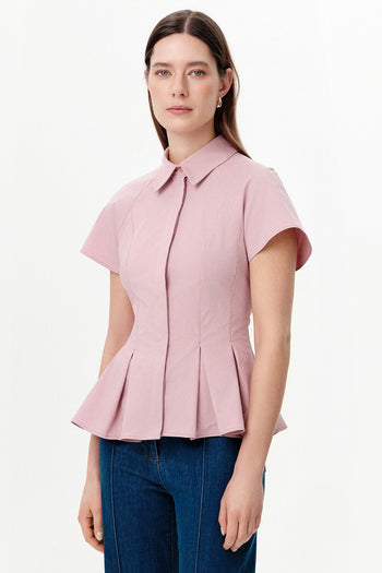 Düşük Kol Pileli Zikzak Dikişli Slim Fit Pembe Gömlek