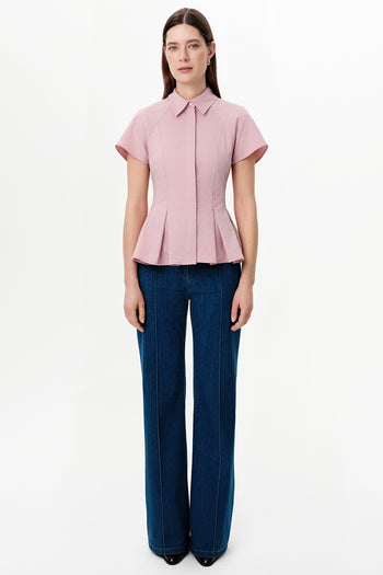 Düşük Kol Pileli Zikzak Dikişli Slim Fit Pembe Gömlek