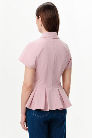 Düşük Kol Pileli Zikzak Dikişli Slim Fit Pembe Gömlek
