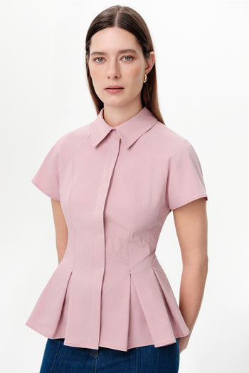 Düşük Kol Pileli Zikzak Dikişli Slim Fit Pembe Gömlek