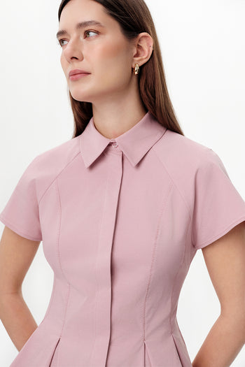 Düşük Kol Pileli Zikzak Dikişli Slim Fit Pembe Gömlek