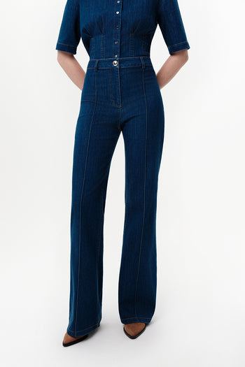 İspanyol Paça Yüksek Bel Slim Fit Denim İndigo Pantolon