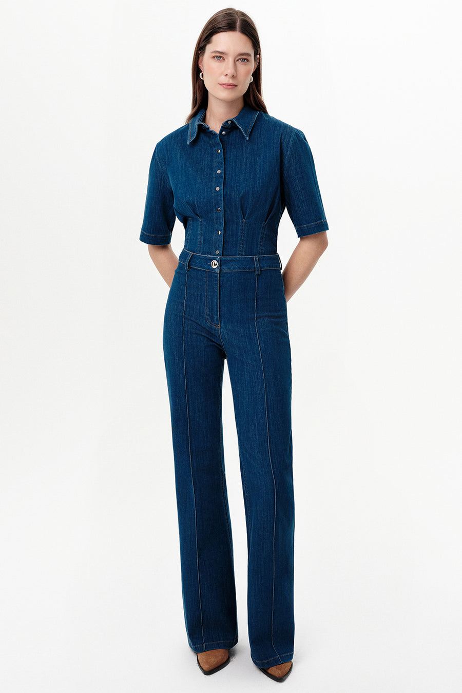 İspanyol Paça Yüksek Bel Slim Fit Denim İndigo Pantolon