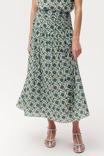 Beli Büzgülü Fermuarlı Regular Midi Çok Renkli Etek