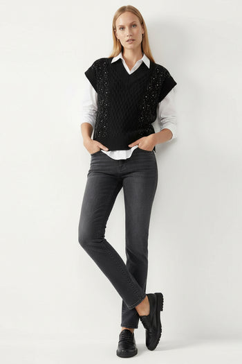 V Yaka Taş İşlemeli Kolsuz Oversize Triko Süveter