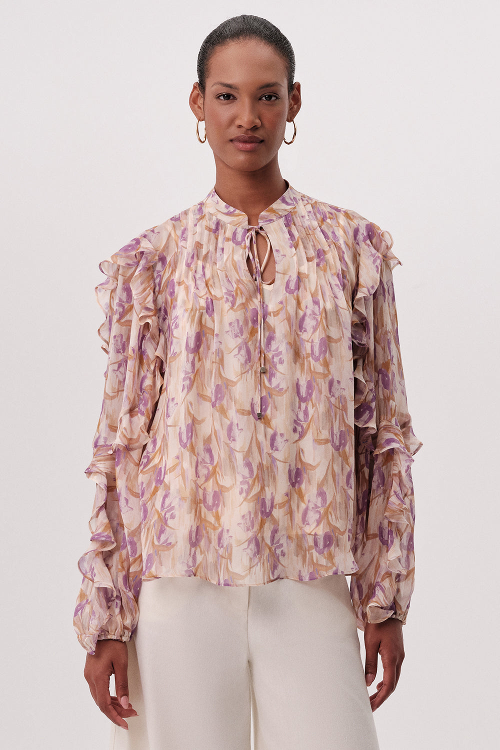 Yakası Bağcıklı Uzun Kollu Astarlı Regular Çok Renkli Bluz