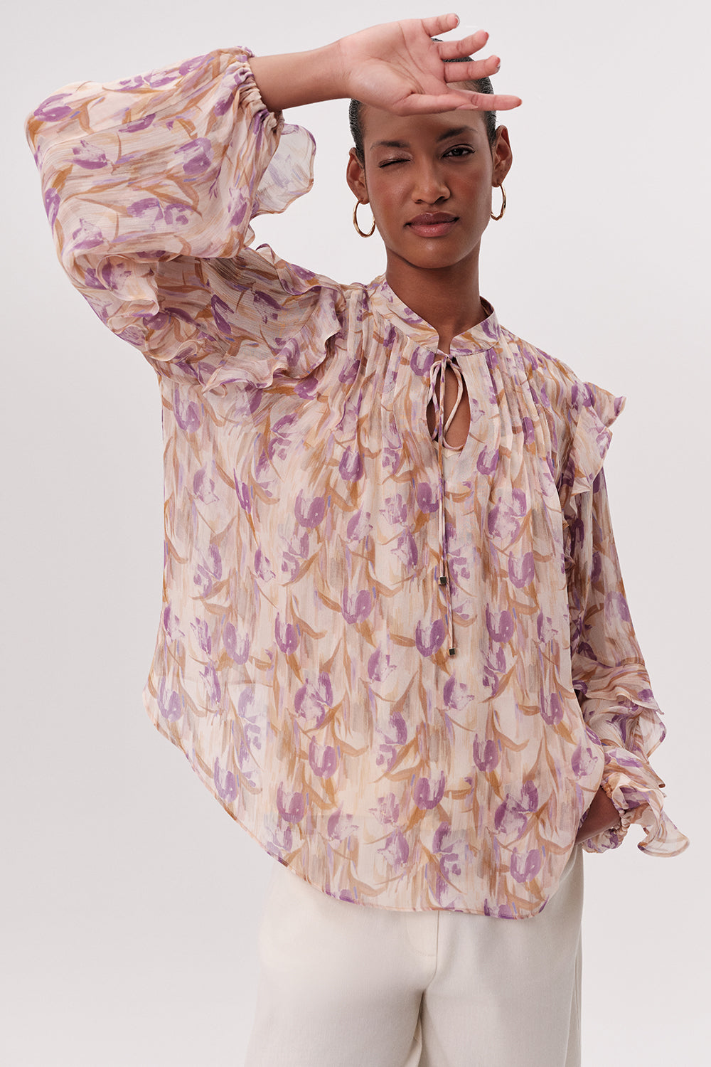 Yakası Bağcıklı Uzun Kollu Astarlı Regular Çok Renkli Bluz