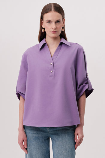Gömlek Yakalı Apoletli Kısa Kollu Düğmeli Regular Lila Bluz