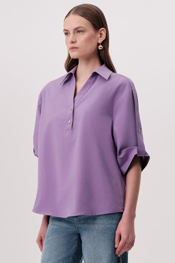 Gömlek Yakalı Apoletli Kısa Kollu Düğmeli Regular Lila Bluz