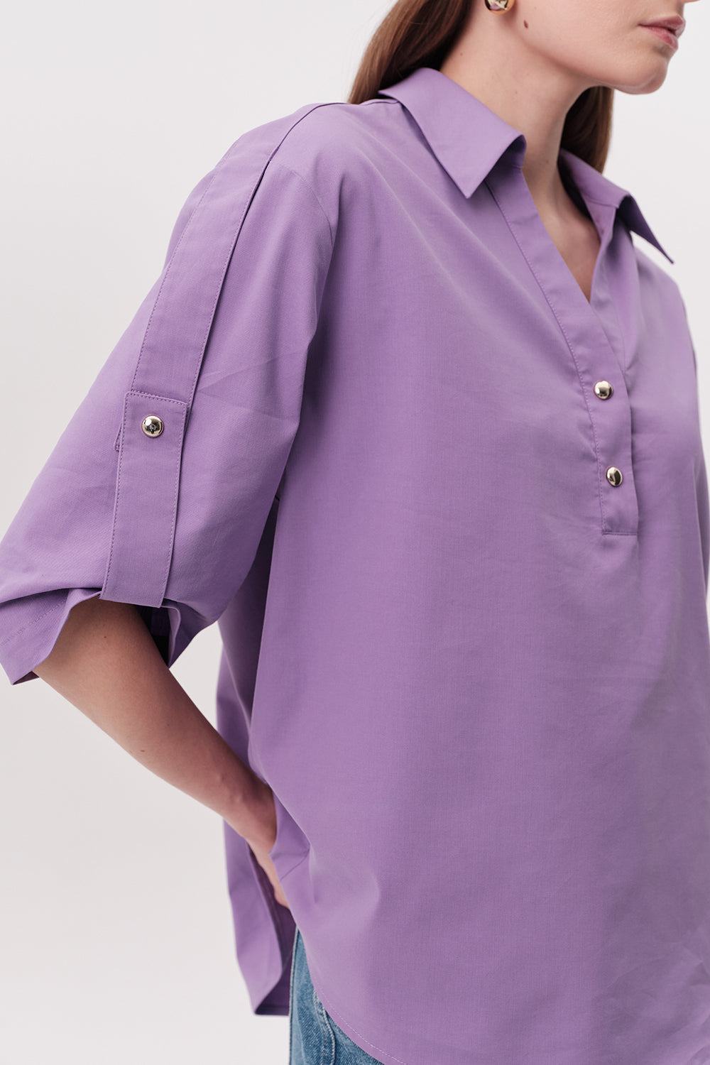 Gömlek Yakalı Apoletli Kısa Kollu Düğmeli Regular Lila Bluz