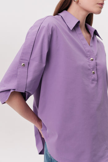 Gömlek Yakalı Apoletli Kısa Kollu Düğmeli Regular Lila Bluz