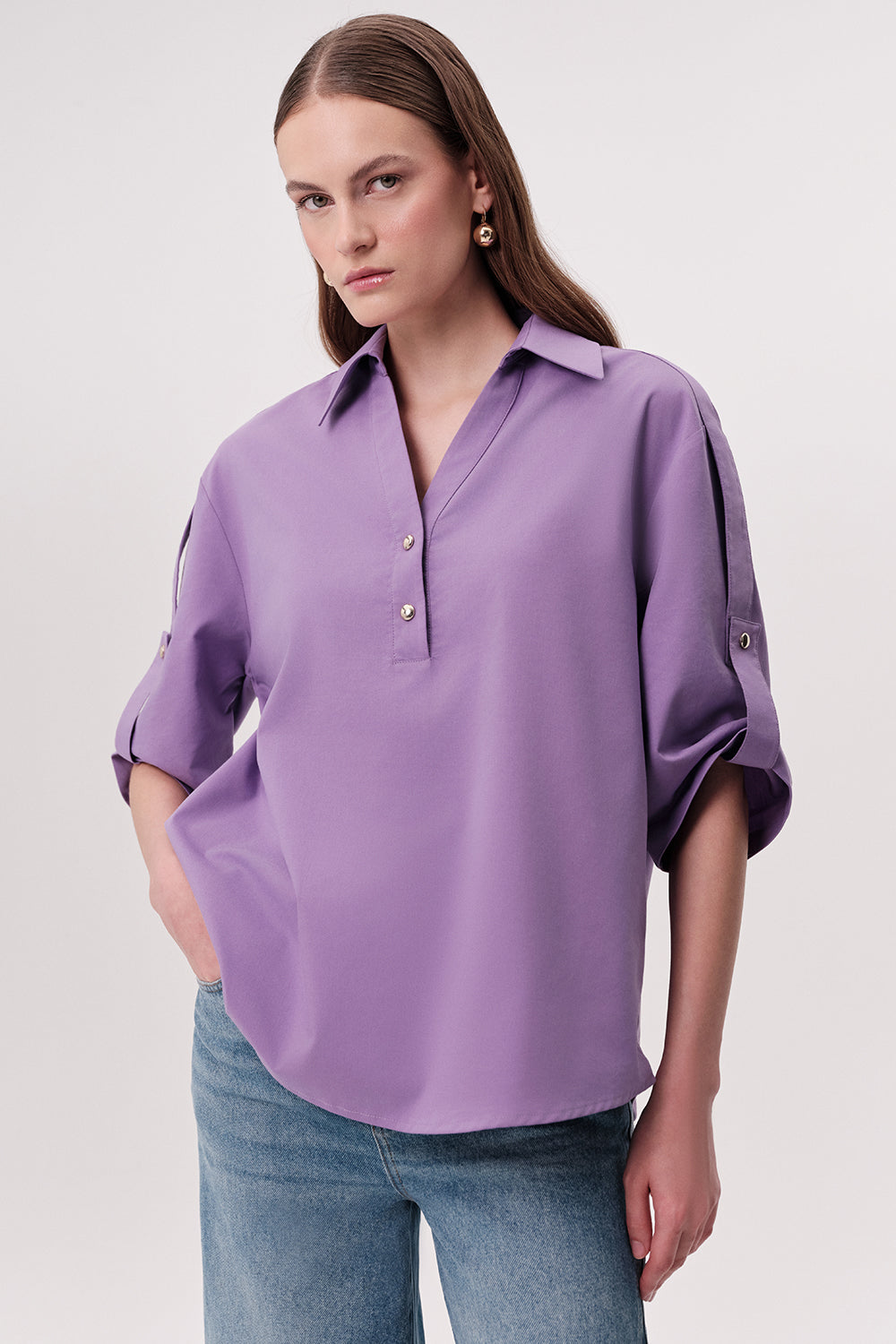 Gömlek Yakalı Apoletli Kısa Kollu Düğmeli Regular Lila Bluz