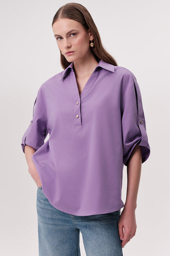 Gömlek Yakalı Apoletli Kısa Kollu Düğmeli Regular Lila Bluz