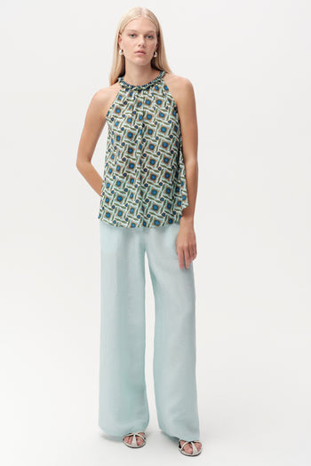 Halter Yaka Desenli Kolsuz Regular Çok Renkli Bluz