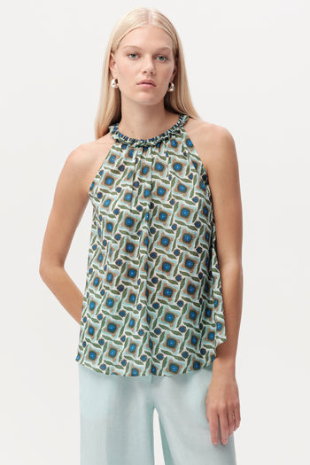 Halter Yaka Desenli Kolsuz Regular Çok Renkli Bluz