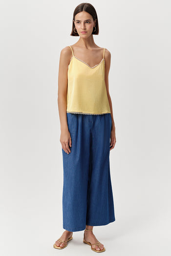 Dantel Şeritli İp Askılı Regular Saten Sarı Bluz