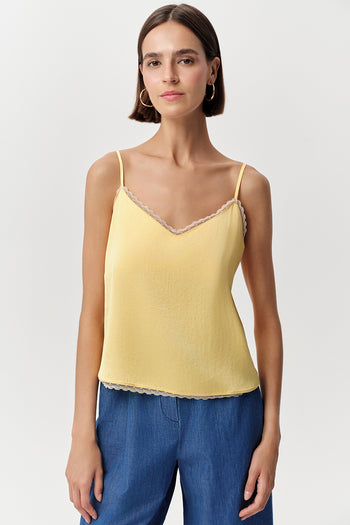 Dantel Şeritli İp Askılı Regular Saten Sarı Bluz
