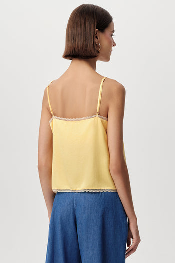 Dantel Şeritli İp Askılı Regular Saten Sarı Bluz