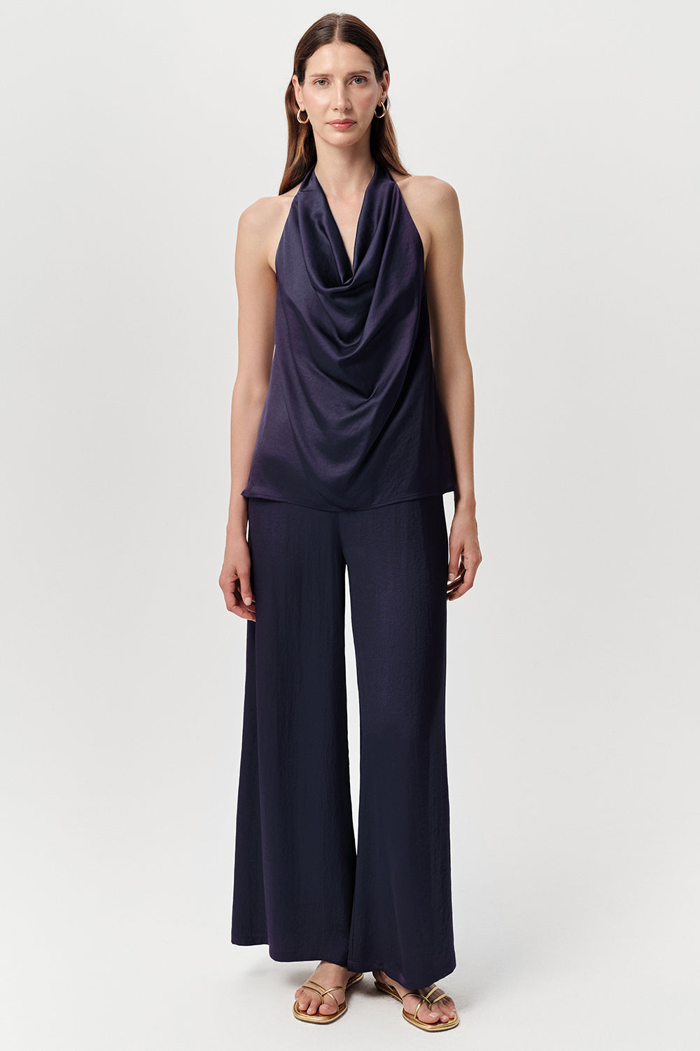 Degaje Yaka Boyundan Bağlamalı Regular Saten Lacivert Bluz