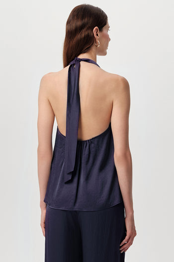 Degaje Yaka Boyundan Bağlamalı Regular Saten Lacivert Bluz