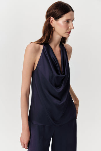 Degaje Yaka Boyundan Bağlamalı Regular Saten Lacivert Bluz