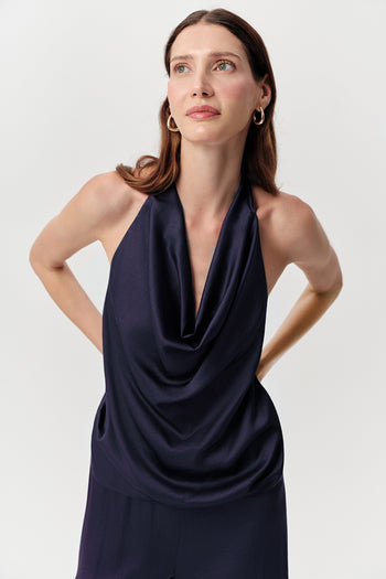 Degaje Yaka Boyundan Bağlamalı Regular Saten Lacivert Bluz