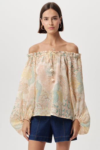 Yakası Bağcıklı Desenli Rami Keten Regular Çok Renkli Bluz