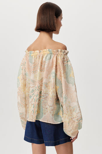 Yakası Bağcıklı Desenli Rami Keten Regular Çok Renkli Bluz