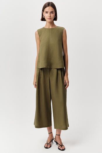 Bisiklet Yaka Kolsuz Arkası Düğmeli Regular Keten Haki Bluz