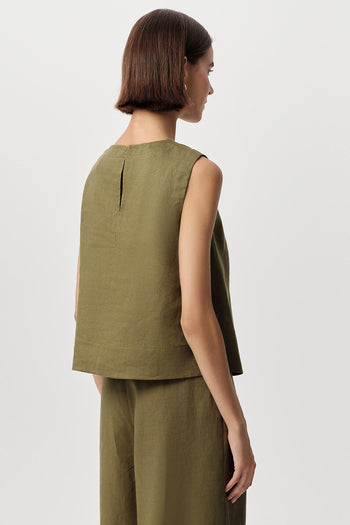 Bisiklet Yaka Kolsuz Arkası Düğmeli Regular Keten Haki Bluz